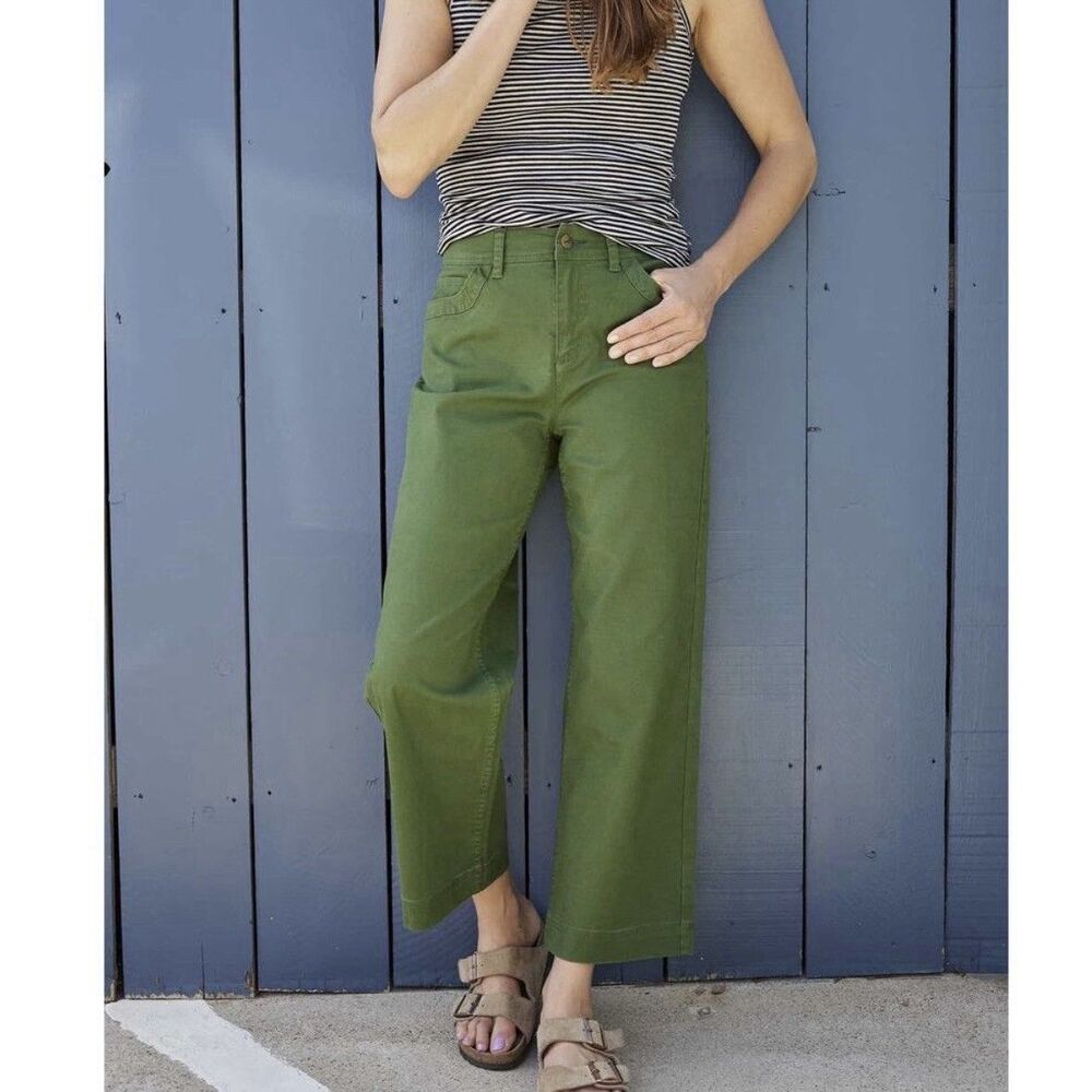Toad&Co Earthworks Wide Leg Pants Women’s 10 Organic Cotton Army Green Crop EUC